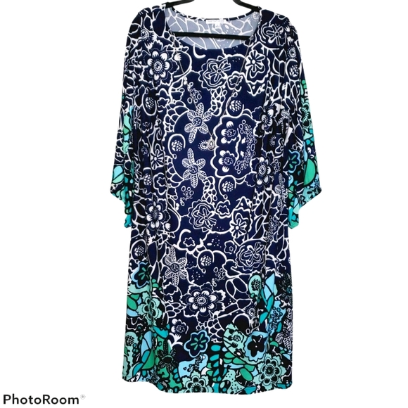 Notations NWT Plus Size Wide Neck Midi Length 3/4 Sleeve Dress Blue Green 376 - Picture 1 of 10